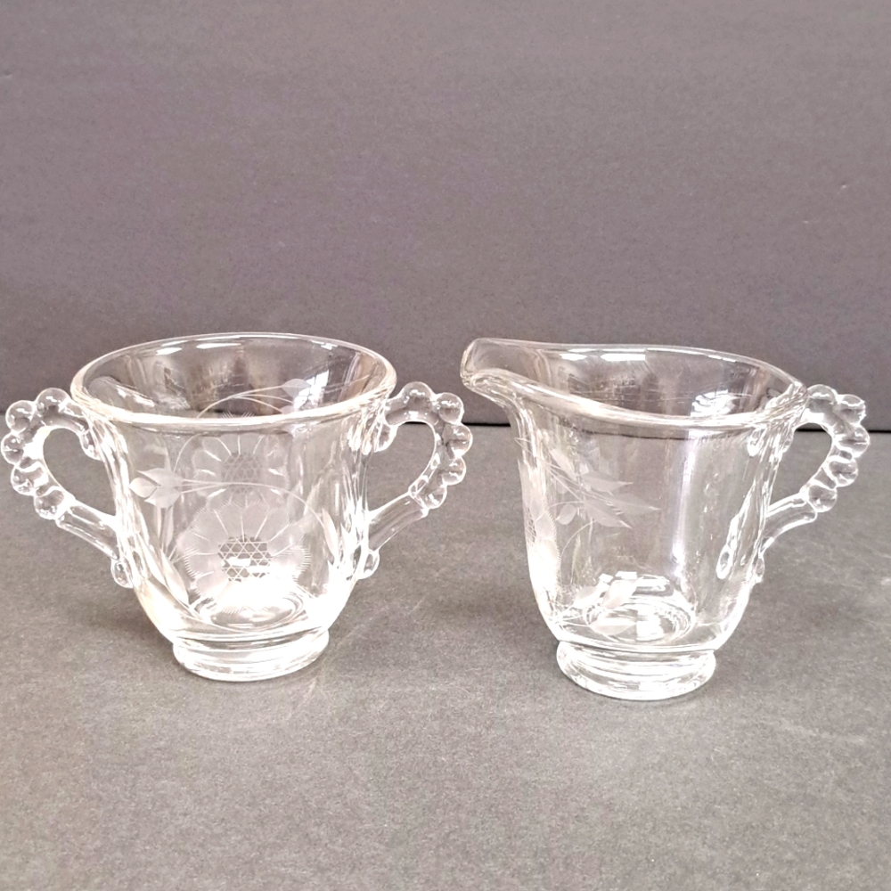 Vintage WJ Hughes CORNFLOWER etched glass cream and sugar